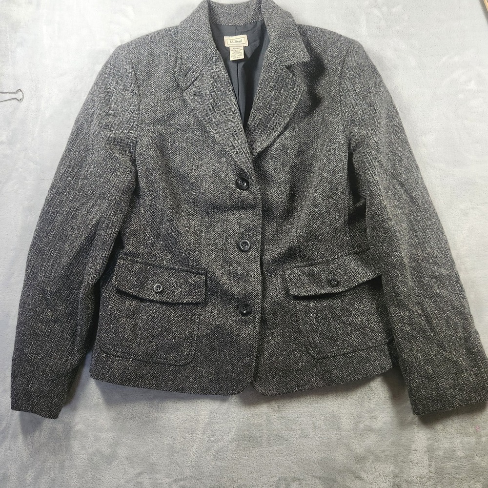 LL Bean Blazer Womens M Gray Herringbone Vintage Wool Silk Blend Jacket‎